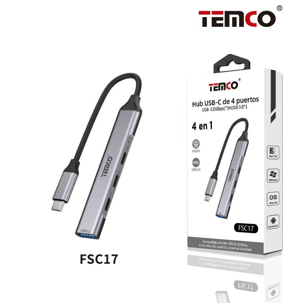TEMCO Hub USB-C de 4 Puertos USB-C(5Gbps)*3+USB 3.0*1 | 4 en 1 en color Gris