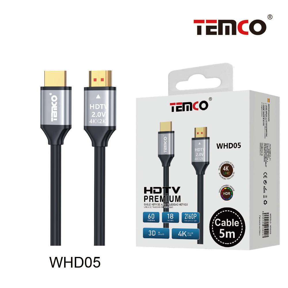 Cable HDTV HDTV 2.0 | Alta Velocidad | 4K 60HZ | 18GBPS | 2160P | Ultra HD 3D | 5M | Negro- Gris