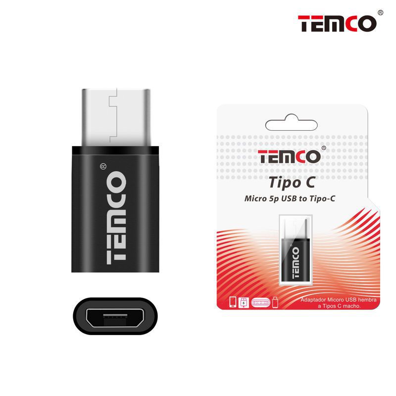 TEMCO Adaptador a Micro USB Hembra - Tipo-C Macho | Negro