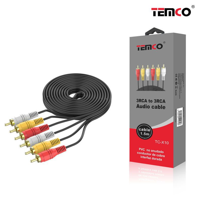 TEMCO Cable de Audio 3RCA a 3RCA de 1.5 metros | Rojo - Amarillo - Blanco