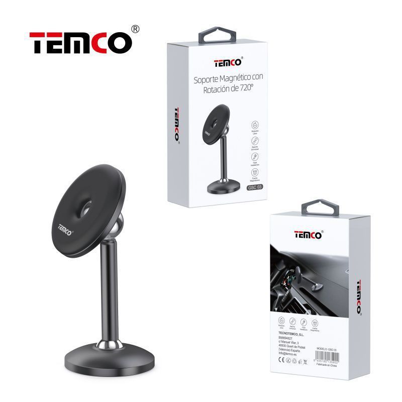 TEMCO Soporte Magnético para coche Rotación 720º Fácil Instalación | Negro
