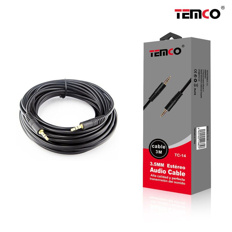 TEMCO Cable de Audio Estéreo | 3.5mm | 3M | Alta Calidad | Negro Fácil uso , ligero y comodidad excelente