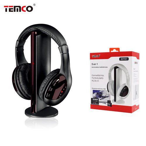 TEMCO BEP001 Auriculares Inalámbricos 5 en 1 estéreo Micrófono Incorporado | Distáncia Máxima 10m | Negro