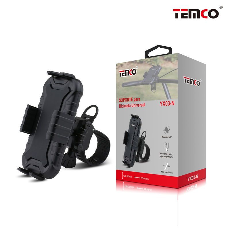 TEMCO Soporte Universal de Móvil para Bicicleta con Rotación 360º y silicona antideslizante | Negro