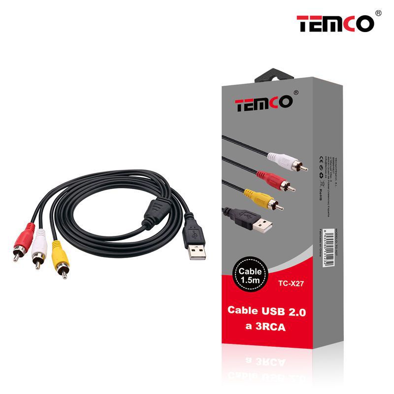 TEMCO Cable USB 2.0 a 3RCA | 1.5M | Blanco - Rojo - Amarillo - Negro Fácil uso