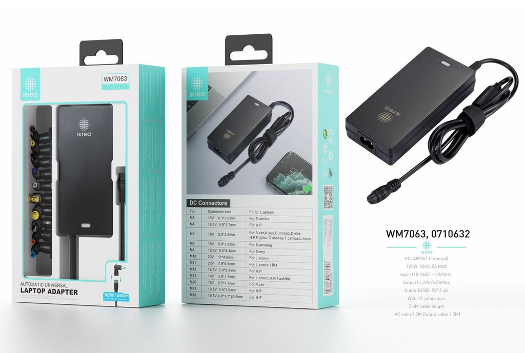 Cargador de portátil universal adaptador / 102W / 240cm / 12 conectores / Cargador de portátil