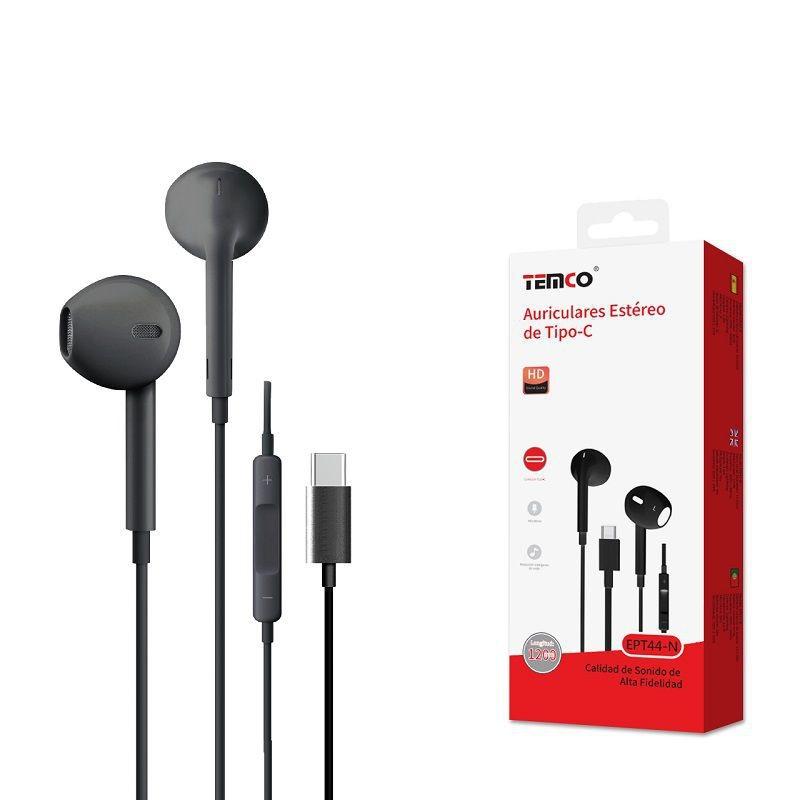 TEMCO Auriculares Estéreo reducción de ruido inteligente Tipo-C y jack | Negro