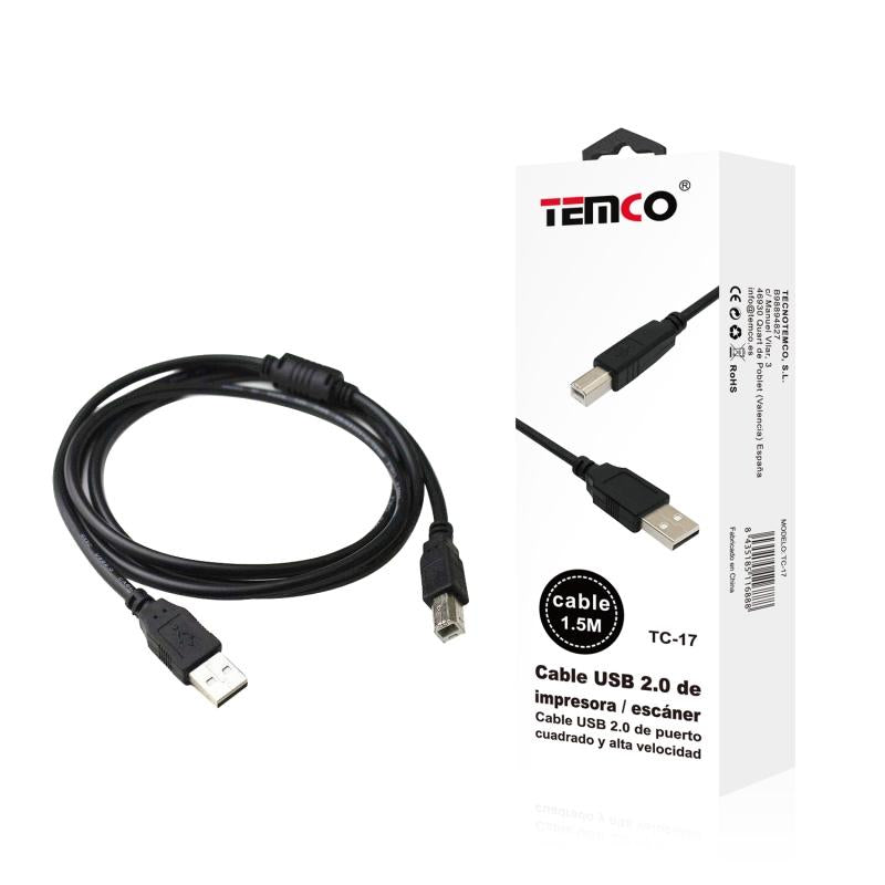 Cable USB 2.0 de Impresora/Escáner | Cuadrado | Alta Velocidad | 1.5M | Negro