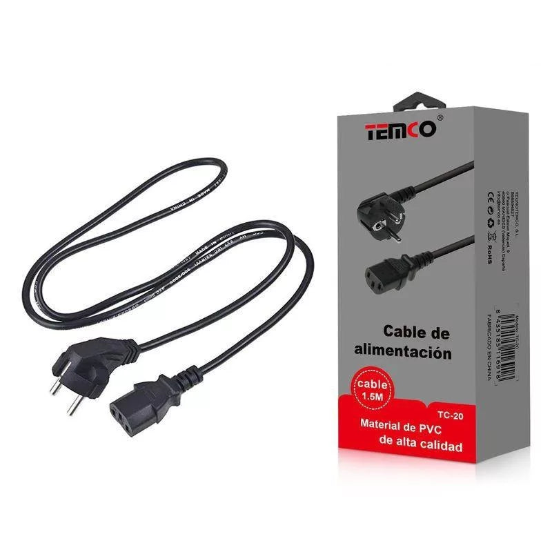 TEMCO Cable de Alimentación de PVC de Alta Calidad | 1.5 metros | 600W con Conector Hembra 3 Núcleos 0.75mm² - Macho Schuko | 6A | Negro