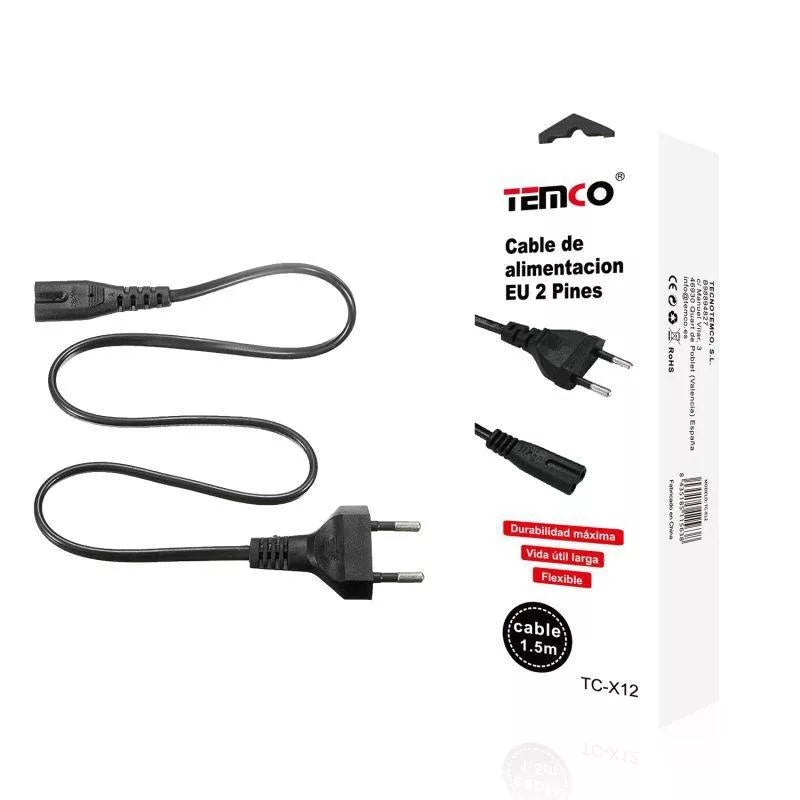 TEMCO Cable de Alimentación EU 2 Pines con Durabilidad Máxima - Vida Útil Larga - Flexible | 1.5M | Negro