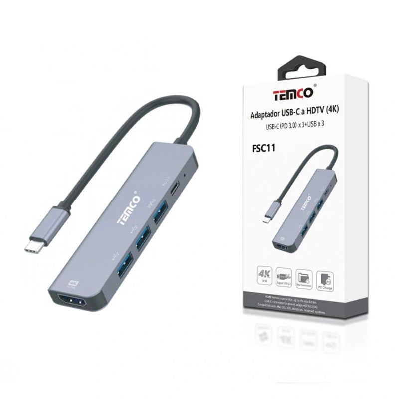 TEMCO Adaptador USB-C a HDTV (4K) USB-C (PD 3,0) x 1+USB x 3 | Gris y Negro
