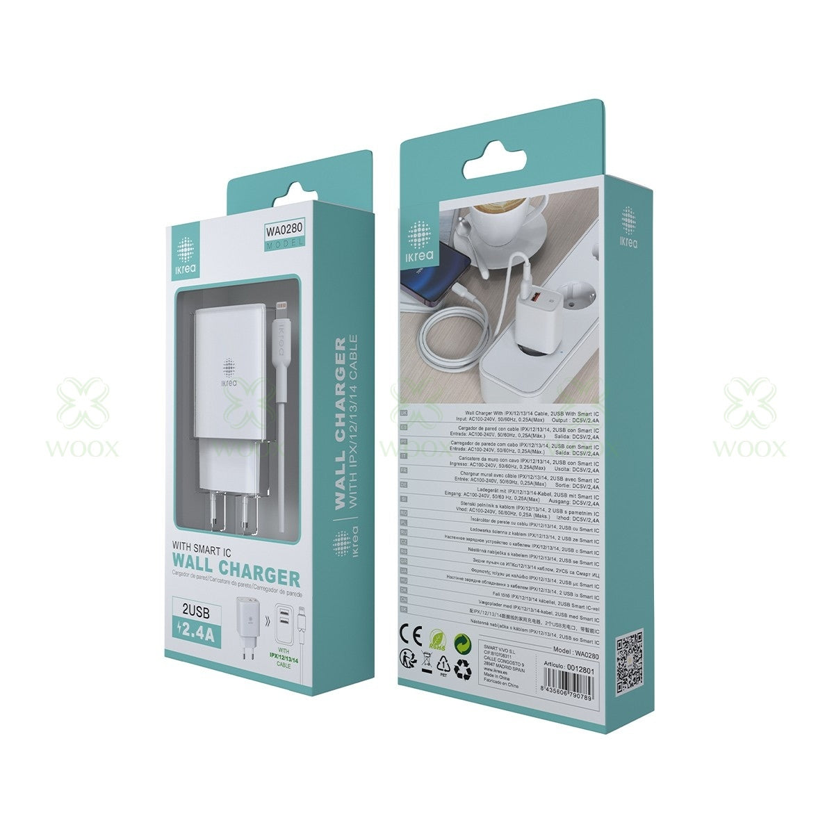 IKREA Cargador de Pared  12W con cable IPX/12/13/14, 2 Puertos USB | Blanco