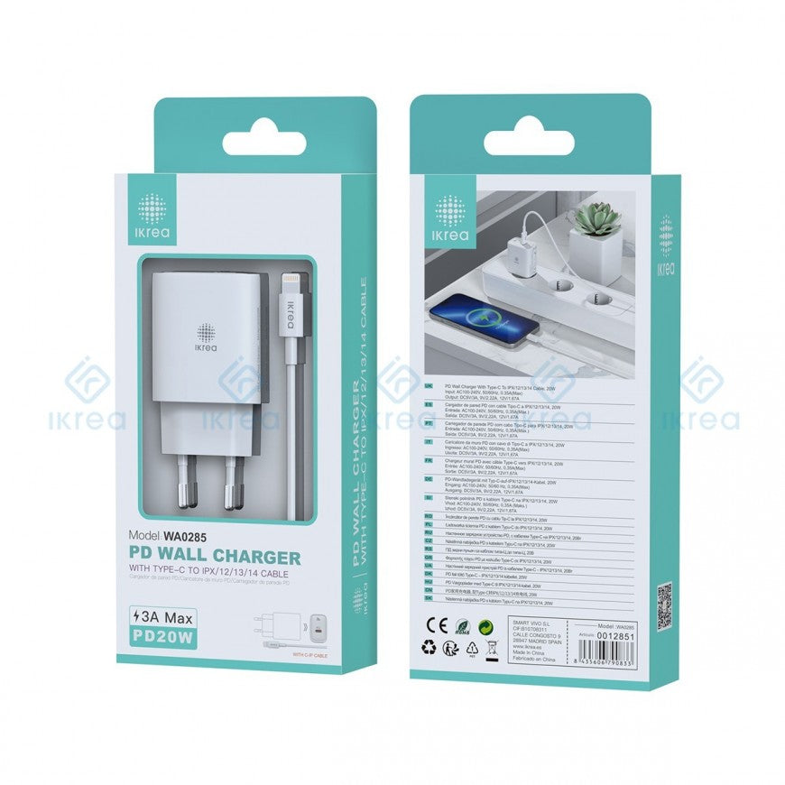 IKREA WA0285 CARGADOR PD TIPO C CON CABLE TYPE-C A LIGHTNING 20W 3A BLANCO