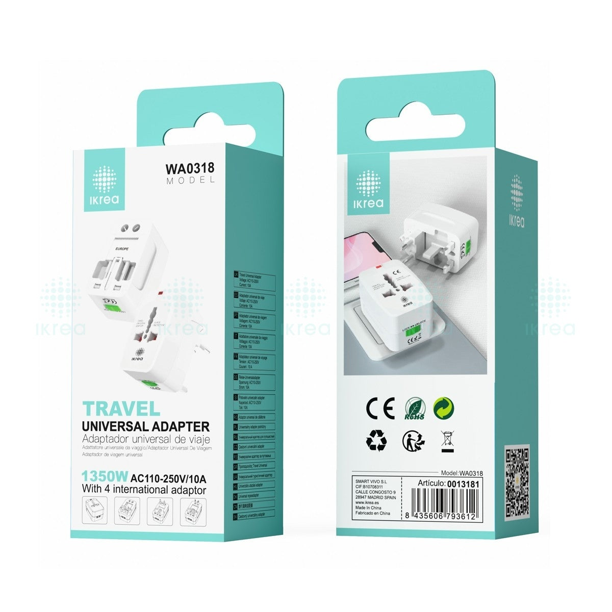 Adaptador universal de viaje / 1350W / AC110-250V/10A / 4 Adaptadores internacionales