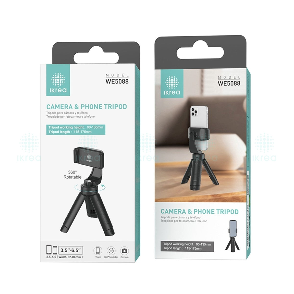 IKREA Tripode para Cámara y Teléfono uso cómodo 360º Rotación | 90 - 135mm Altura 115 - 175mm Anchura | Negro