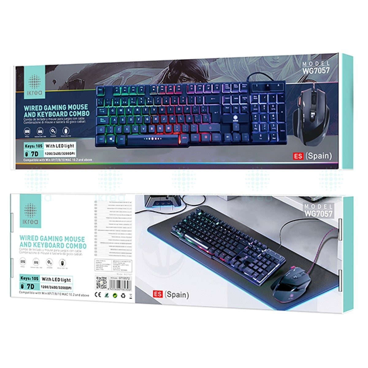 Teclado y Ratón compatible con  Win XP/7/8/10 MAC 10.2 y superior. Con Luces Led y ratón con 1200/ 2400/ 3200 dpi