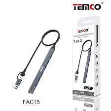 TEMCO HUB USB-C y USB 3.0 a 7 Puertos USB 3.0*1 + USB 2.0*6 | 7 en 2 | 0.5 metros en color Negro y gris