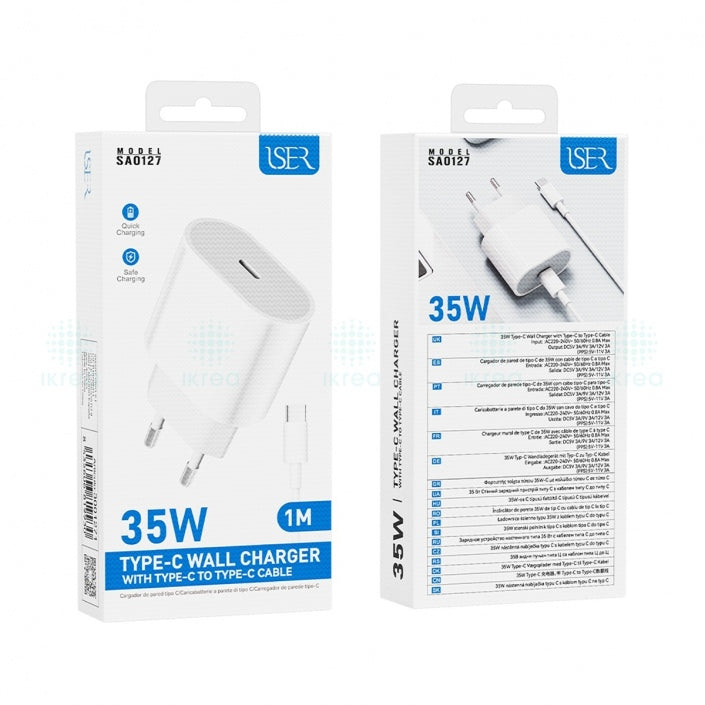 ISER Cargador de pared con cable USB-C 35W Carga Rápida y segura | Blanco