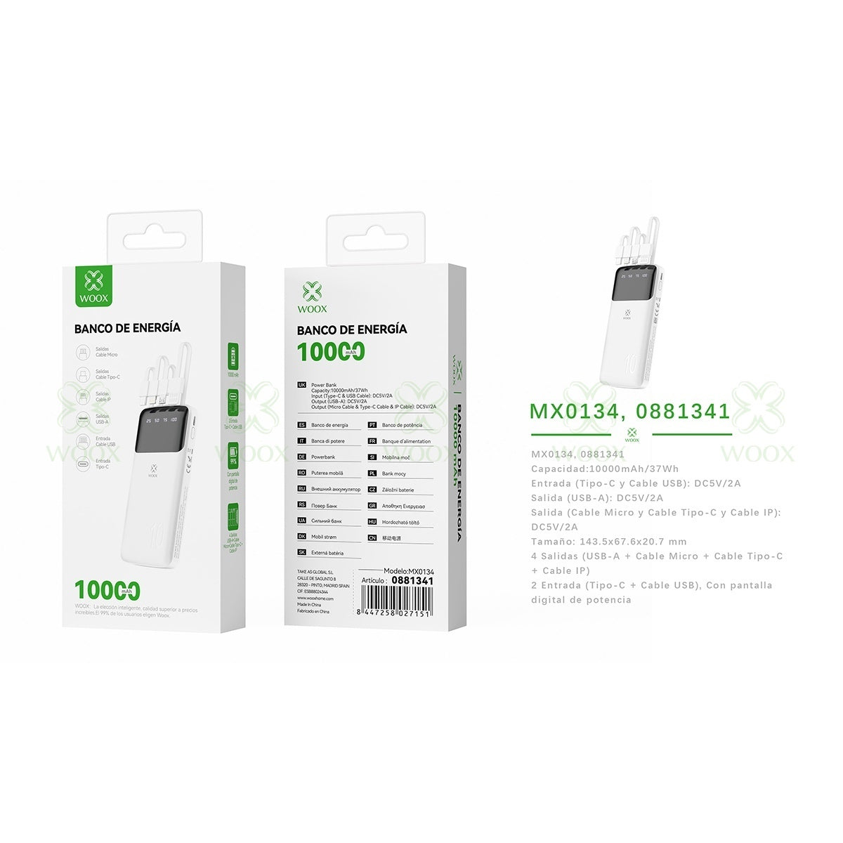 WOOX PowerBank salidas USB-A Tipo-C PANTALLA DIGITAL 4 salidas  10000 mAh 2 Entrada Tipo-C + Cable USB | Blanco