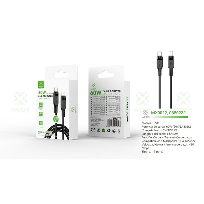 Cable de Datos 20V 3A TYPE-C 2 Metros Negro